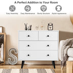 Mid-Century Modern White 6 Drawer Dresser with Black Legs, Wooden Bedroom Storage Chest