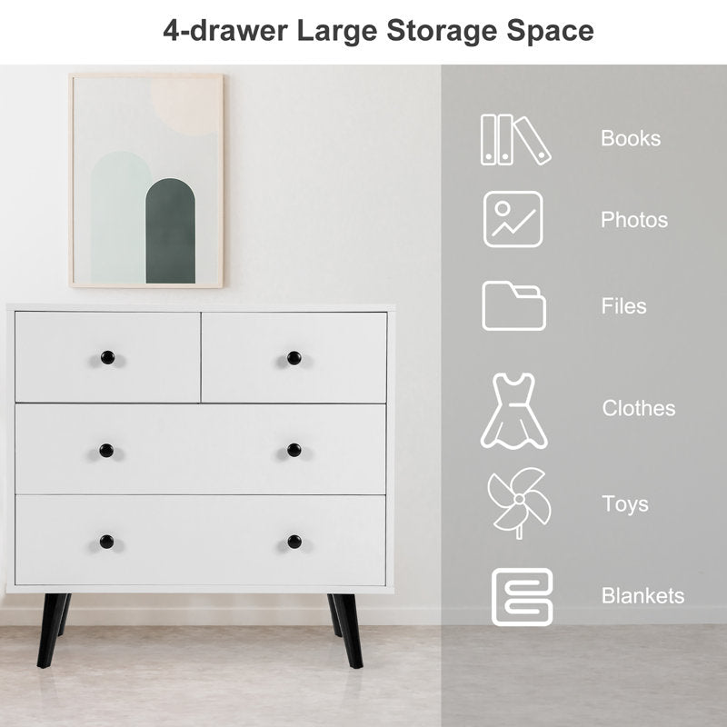 Mid-Century Modern White 6 Drawer Dresser with Black Legs, Wooden Bedroom Storage Chest