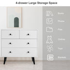 Mid-Century Modern White 6 Drawer Dresser with Black Legs, Wooden Bedroom Storage Chest