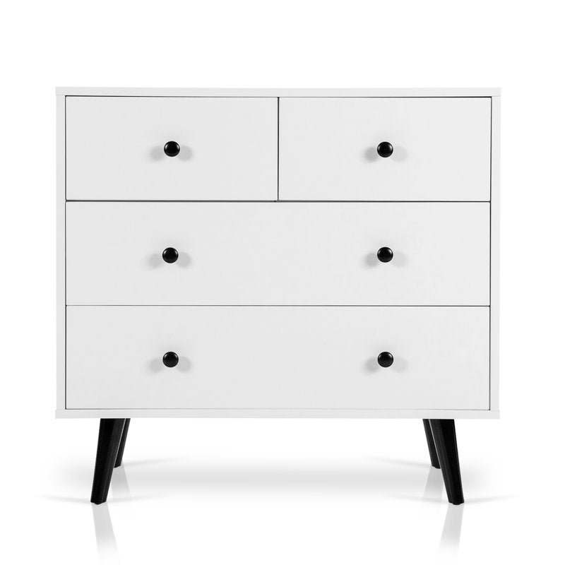 Mid-Century Modern White 6 Drawer Dresser with Black Legs, Wooden Bedroom Storage Chest