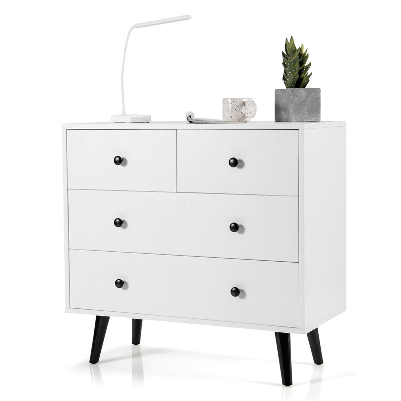 Mid-Century Modern White 6 Drawer Dresser with Black Legs, Wooden Bedroom Storage Chest