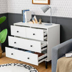 Mid-Century Modern White 6 Drawer Dresser with Black Legs, Wooden Bedroom Storage Chest