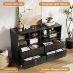 Modern Natural Wood Dresser with Open Storage Cubes and 4 Drawers, Wide Bedroom Storage Organizer Cabinet