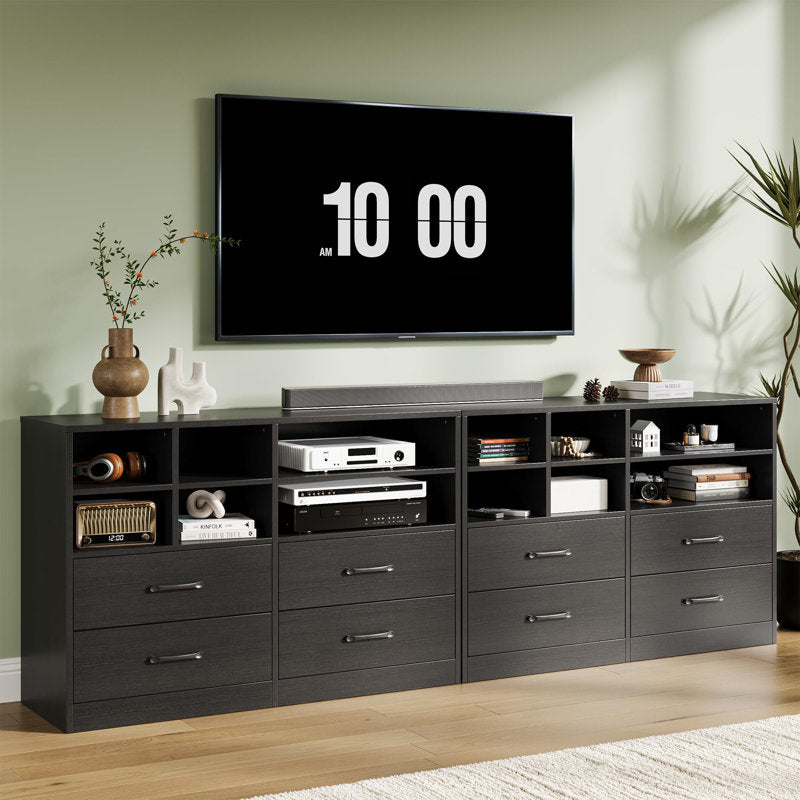 Modern Natural Wood Dresser with Open Storage Cubes and 4 Drawers, Wide Bedroom Storage Organizer Cabinet