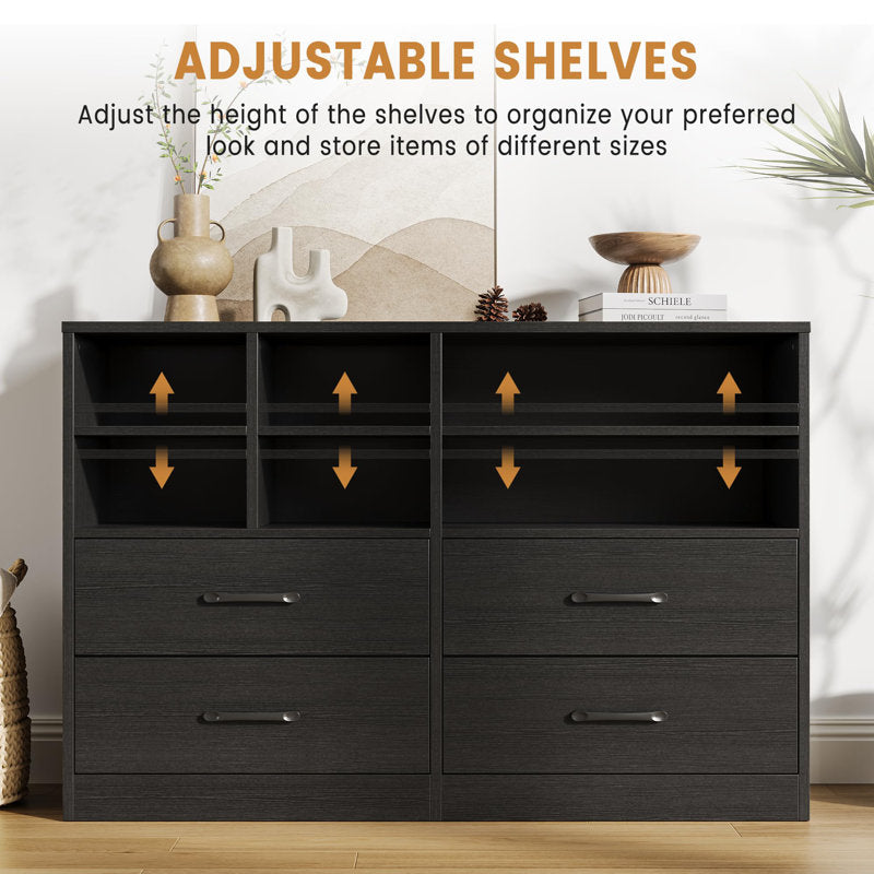 Modern Natural Wood Dresser with Open Storage Cubes and 4 Drawers, Wide Bedroom Storage Organizer Cabinet