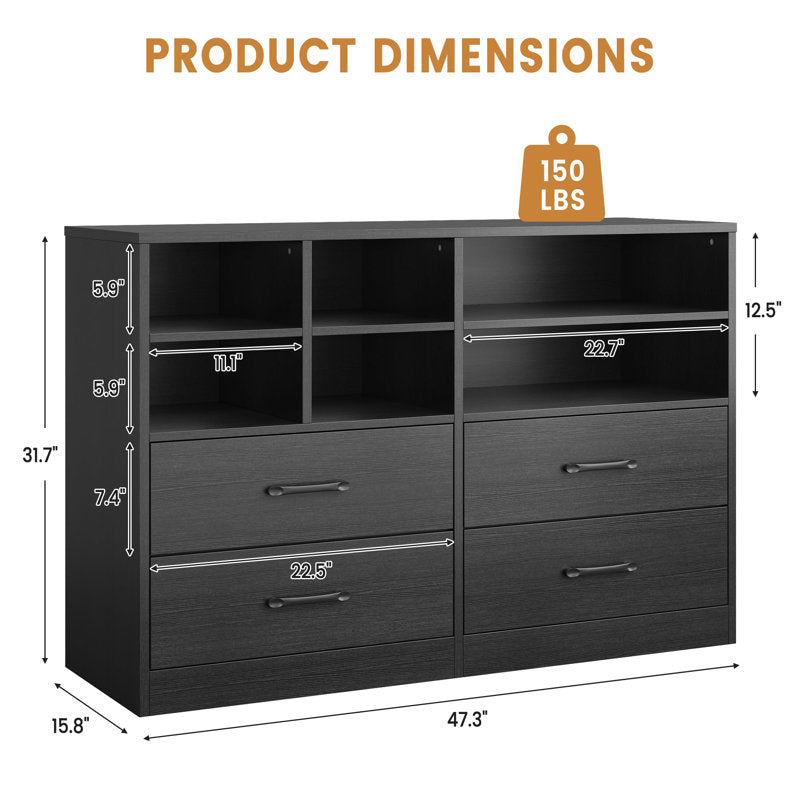Modern Natural Wood Dresser with Open Storage Cubes and 4 Drawers, Wide Bedroom Storage Organizer Cabinet