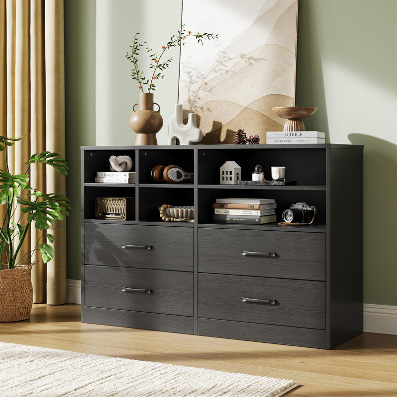 Modern Natural Wood Dresser with Open Storage Cubes and 4 Drawers, Wide Bedroom Storage Organizer Cabinet