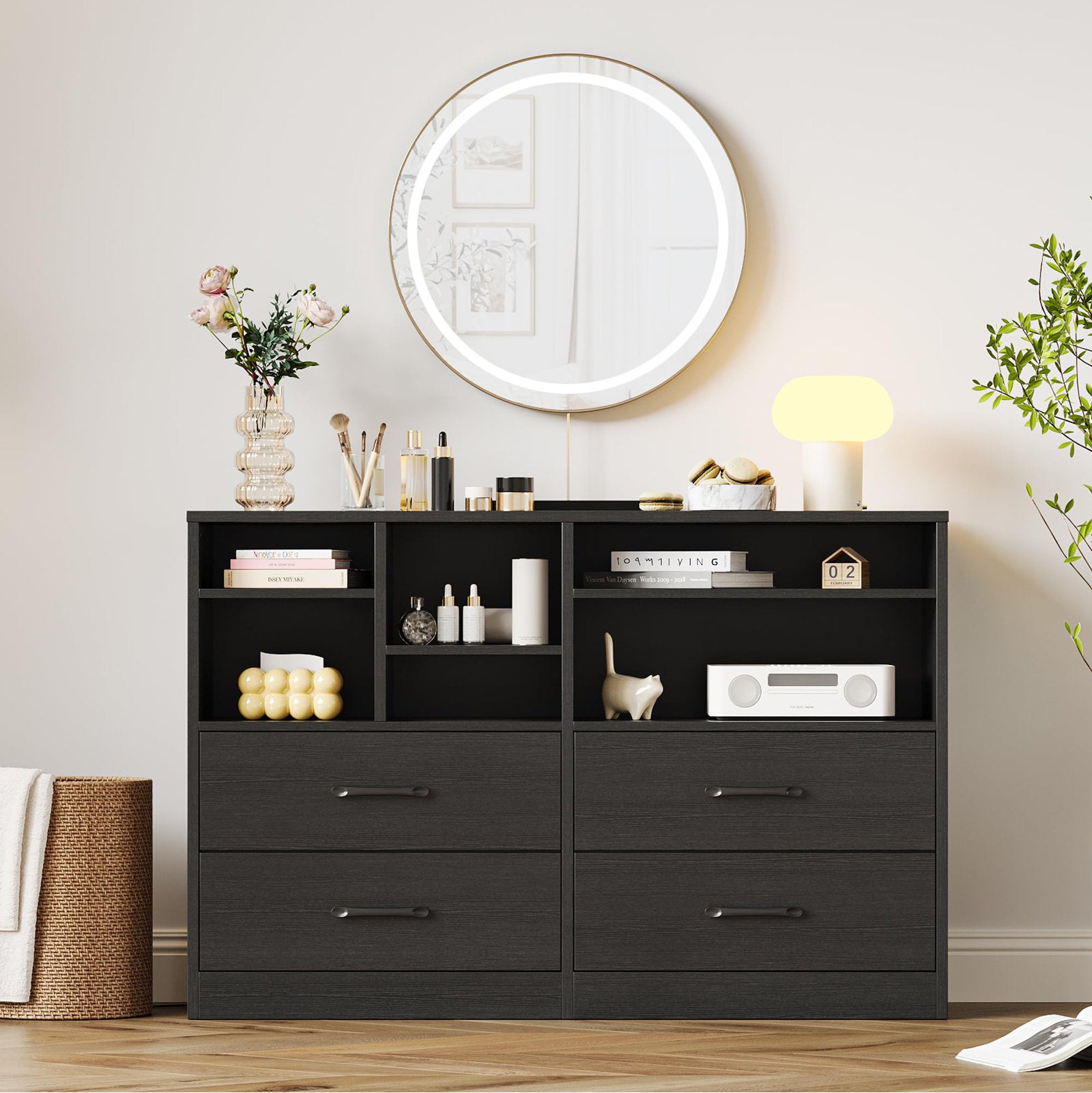 Modern Natural Wood Dresser with Open Storage Cubes and 4 Drawers, Wide Bedroom Storage Organizer Cabinet
