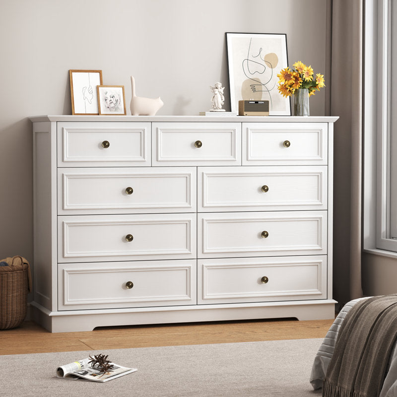 Classic White 9-Drawer Dresser in Neutral Bedroom Setting