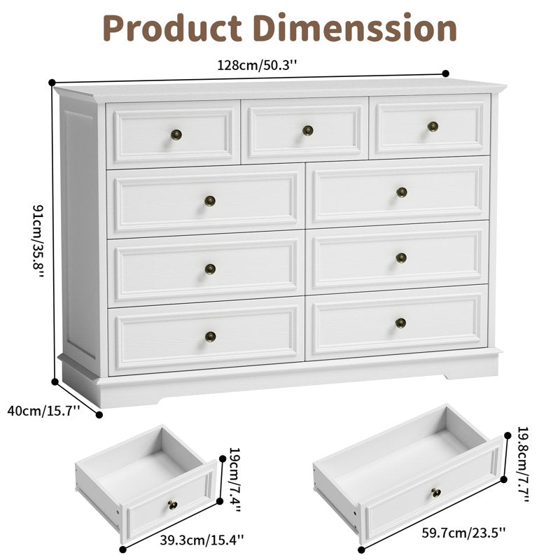 Classic White 9-Drawer Dresser in Neutral Bedroom Setting
