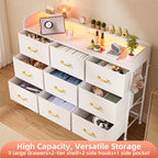 Modern White 9-Drawer Vanity Dresser with LED Mirror and Gold Handles