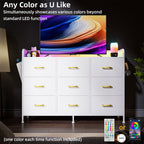 Modern White 9-Drawer Vanity Dresser with LED Mirror and Gold Handles