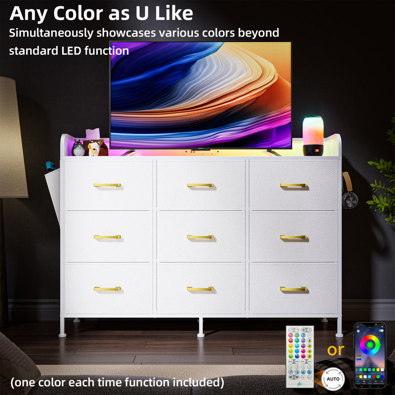 Modern White 9-Drawer Vanity Dresser with LED Mirror and Gold Handles
