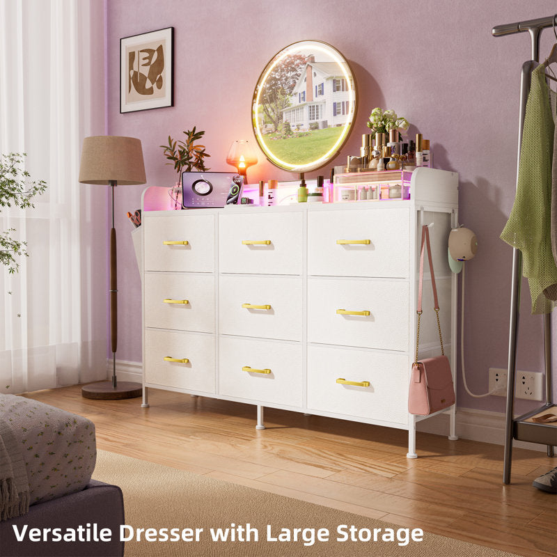 Modern White 9-Drawer Vanity Dresser with LED Mirror and Gold Handles