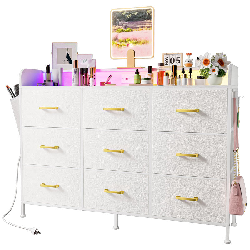 Modern White 9-Drawer Vanity Dresser with LED Mirror and Gold Handles