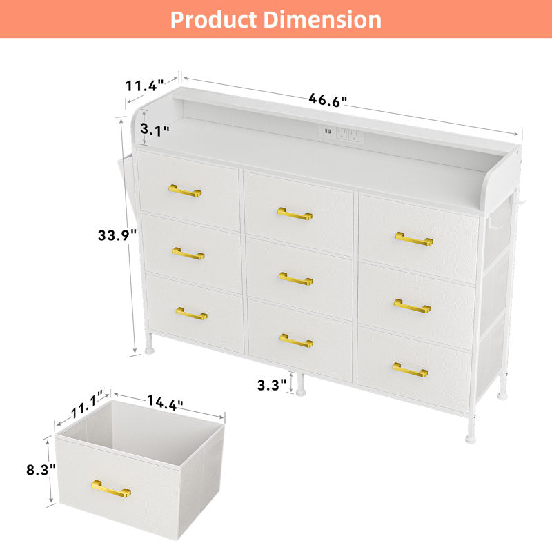 Modern White 9-Drawer Vanity Dresser with LED Mirror and Gold Handles