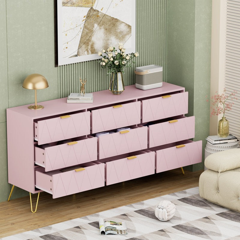 Stylish Bedroom Dresser with Gold Hardware and Decorative Drawer Design