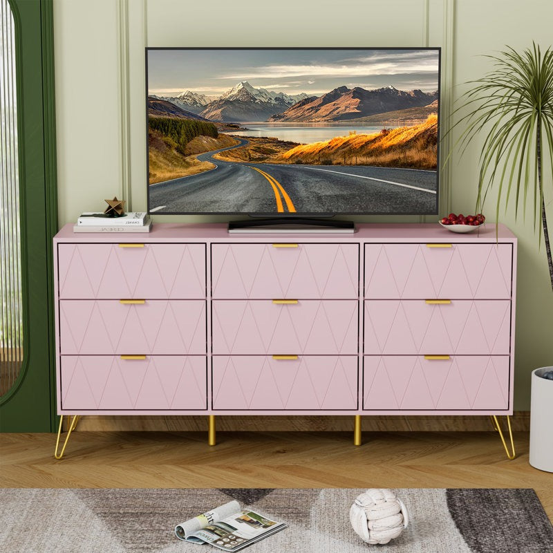 Stylish Bedroom Dresser with Gold Hardware and Decorative Drawer Design