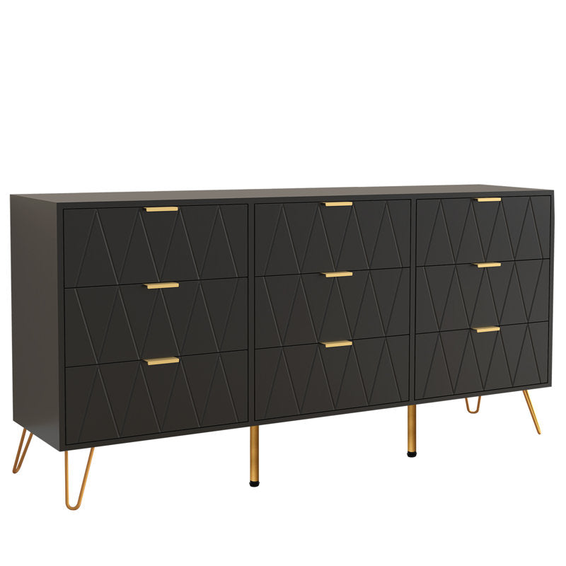 Stylish Bedroom Dresser with Gold Hardware and Decorative Drawer Design