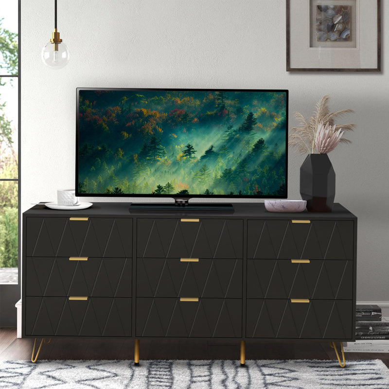 Stylish Bedroom Dresser with Gold Hardware and Decorative Drawer Design