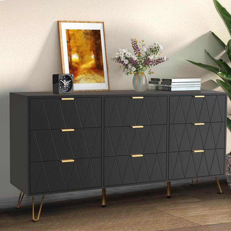Stylish Bedroom Dresser with Gold Hardware and Decorative Drawer Design