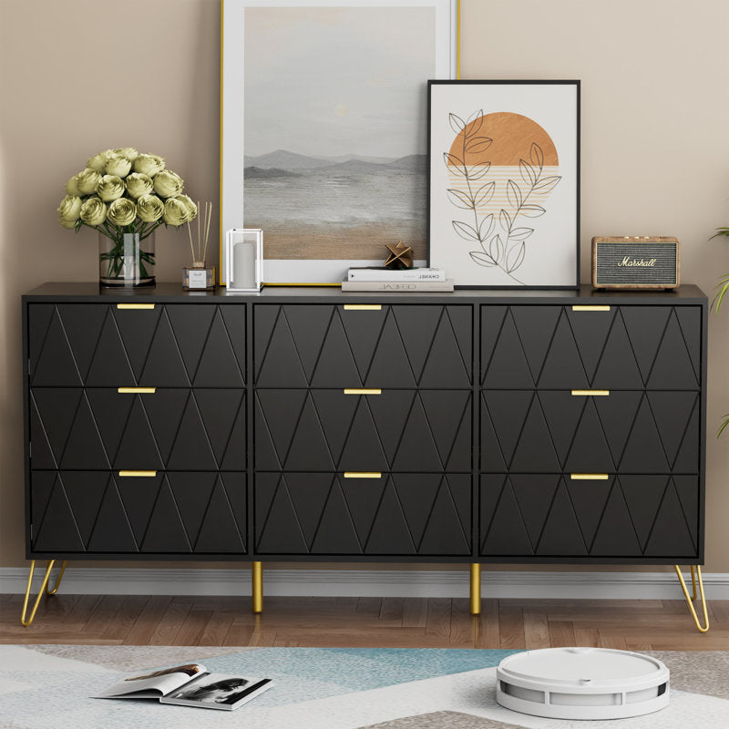 Stylish Bedroom Dresser with Gold Hardware and Decorative Drawer Design