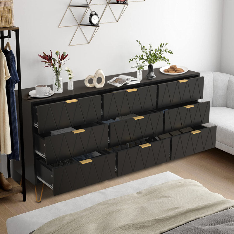 Stylish Bedroom Dresser with Gold Hardware and Decorative Drawer Design