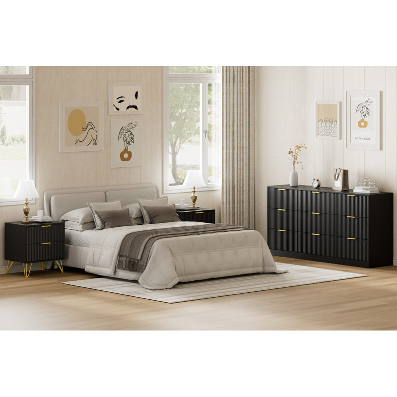 Modern 6-Drawer Dresser with Fluted Front and Gold Handles