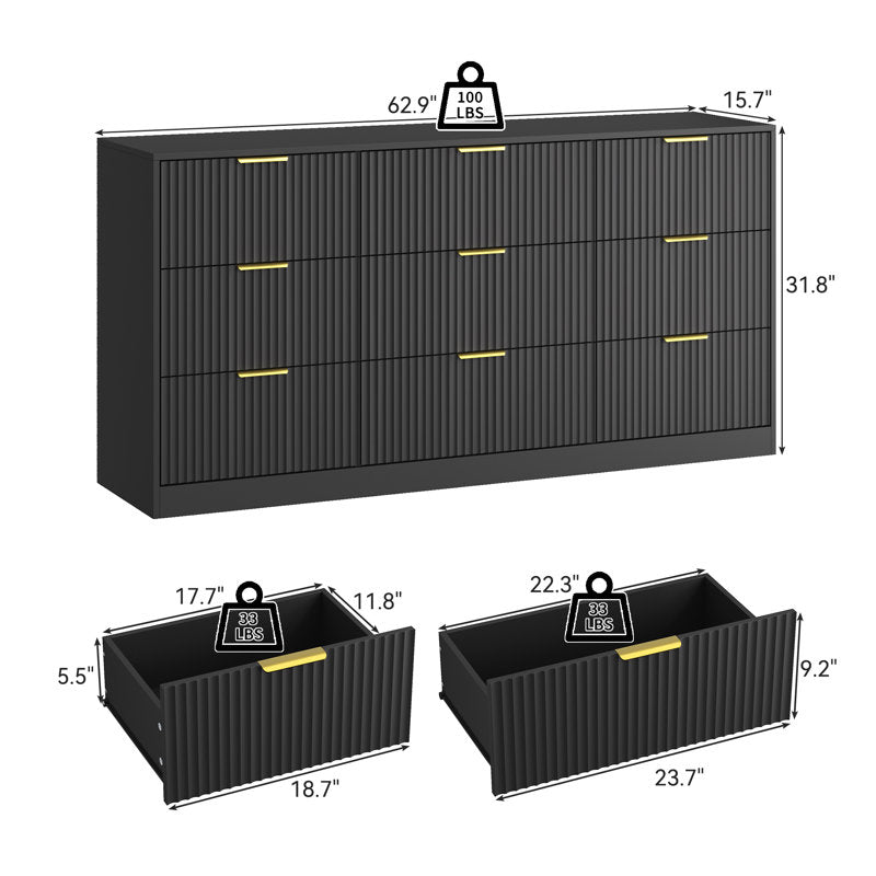 Modern 6-Drawer Dresser with Fluted Front and Gold Handles