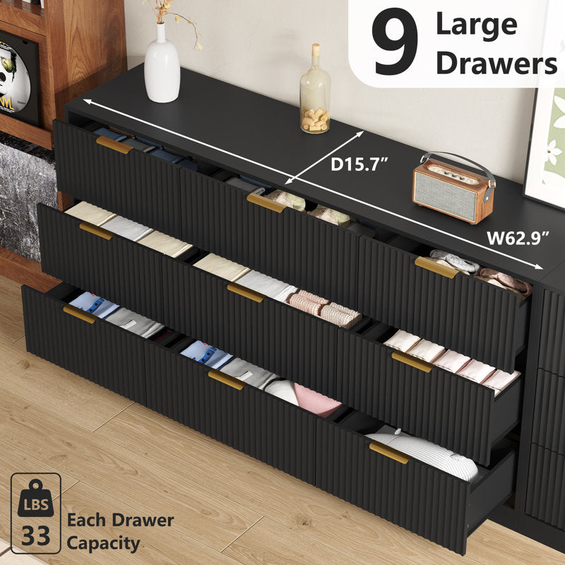 Modern 6-Drawer Dresser with Fluted Front and Gold Handles
