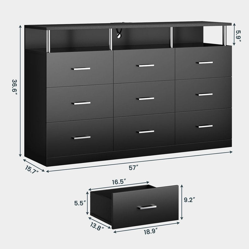 Modern Black Chest of Drawers with Illuminated Shelf and Sleek Design