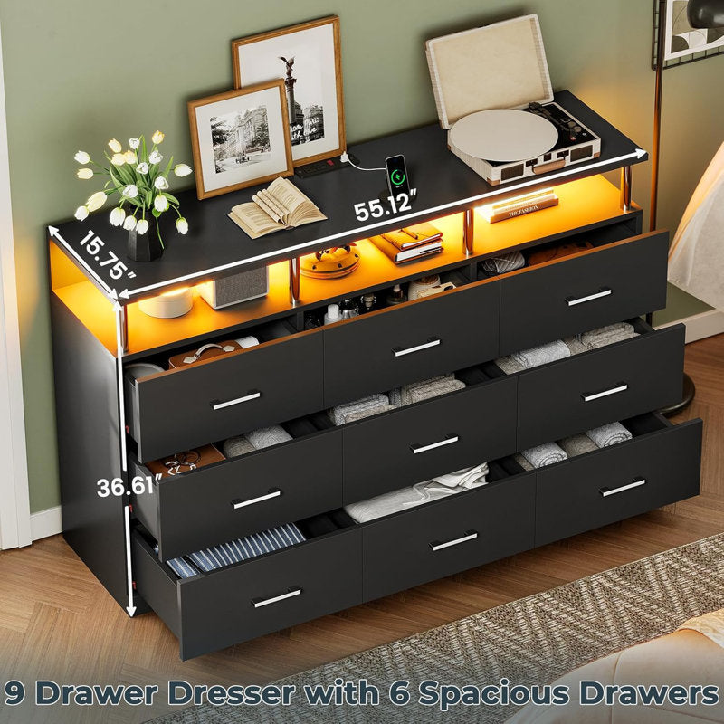 Modern Black Chest of Drawers with Illuminated Shelf and Sleek Design