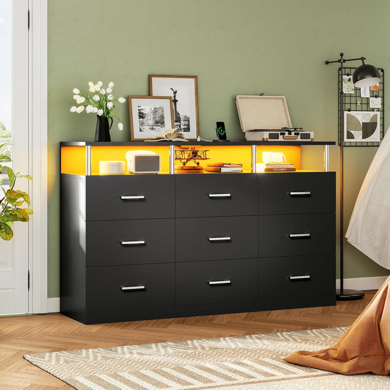 Modern Black Chest of Drawers with Illuminated Shelf and Sleek Design