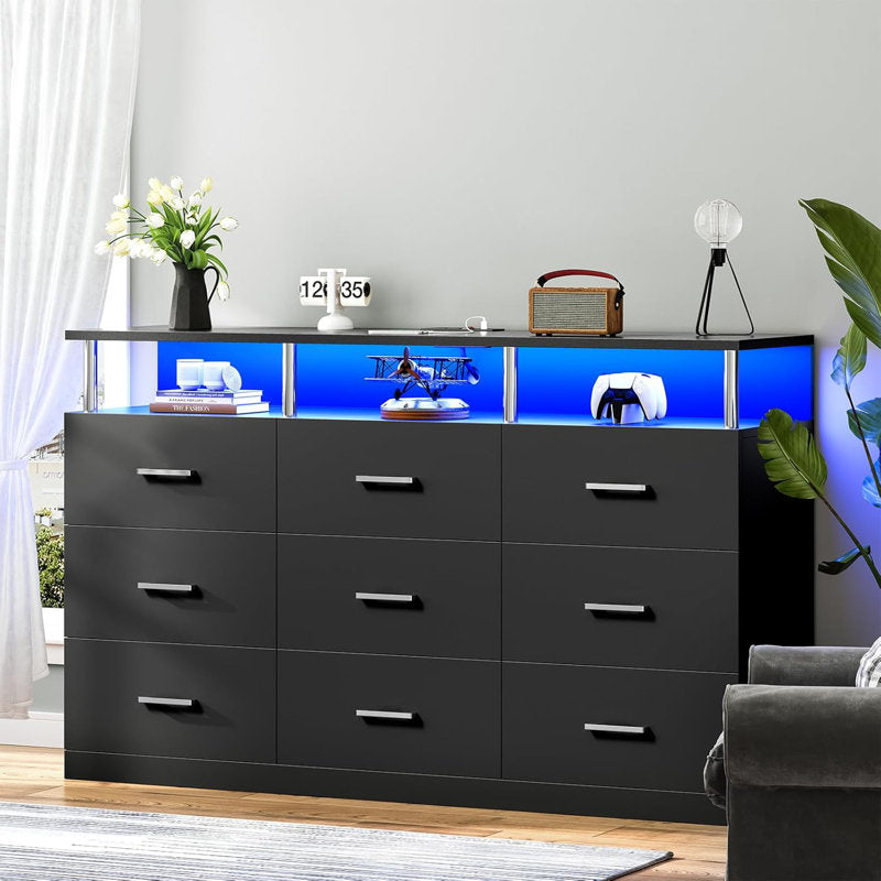 Modern Black Chest of Drawers with Illuminated Shelf and Sleek Design