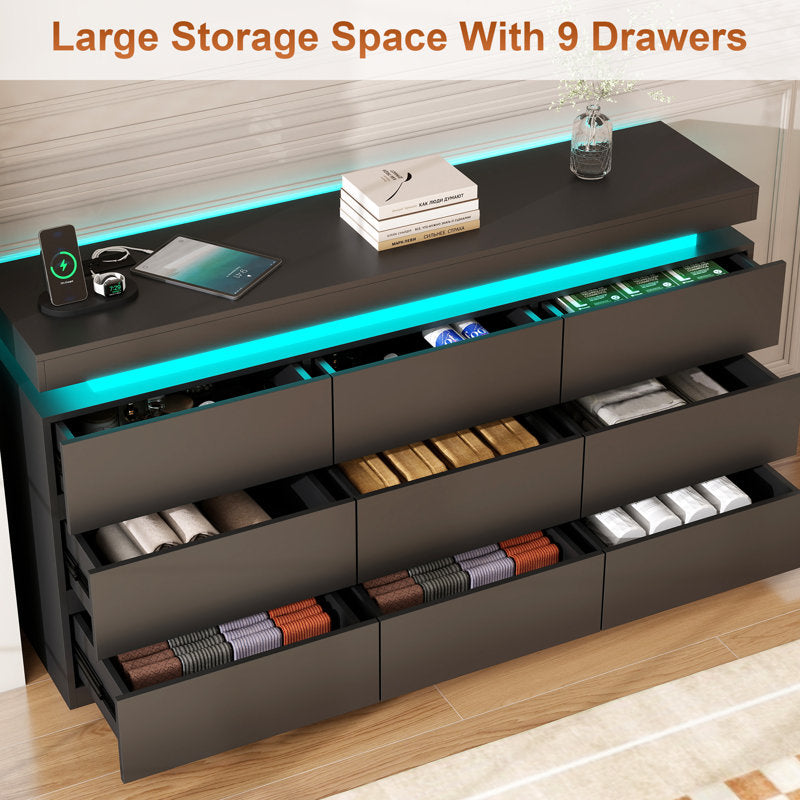 Modern 9-Drawer Dresser with LED Light Strip and Sleek Design