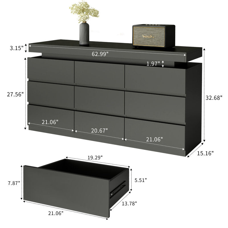 Modern 9-Drawer Dresser with LED Light Strip and Sleek Design