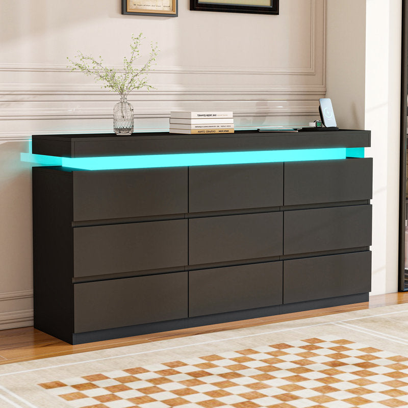 Modern 9-Drawer Dresser with LED Light Strip and Sleek Design