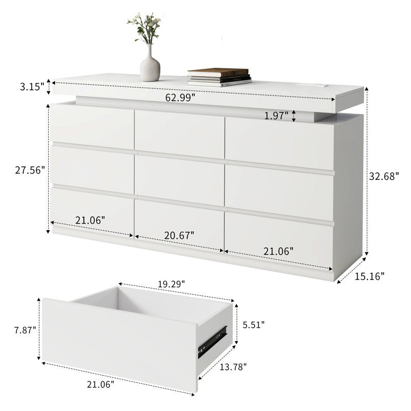 Modern 9-Drawer Dresser with LED Light Strip and Sleek Design