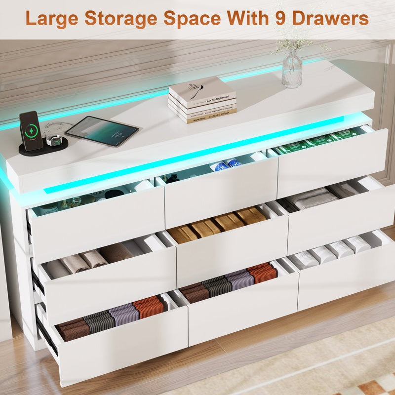 Modern 9-Drawer Dresser with LED Light Strip and Sleek Design
