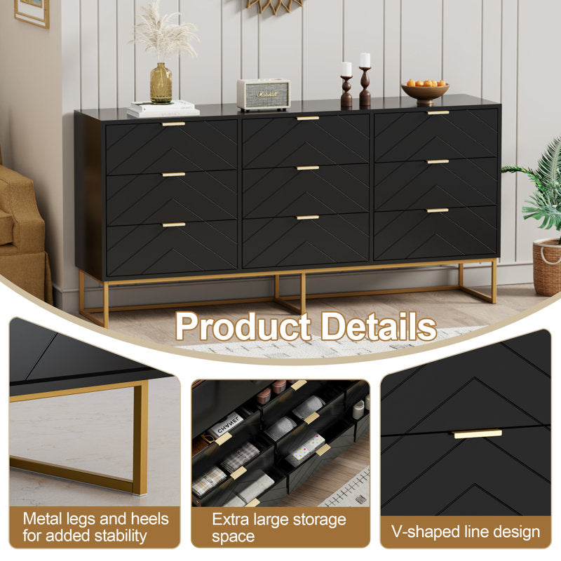 Modern 9-Drawer Dresser with Chevron Pattern and Gold Base