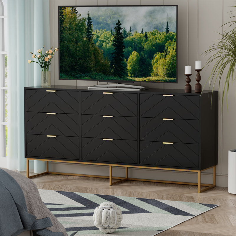 Modern 9-Drawer Dresser with Chevron Pattern and Gold Base