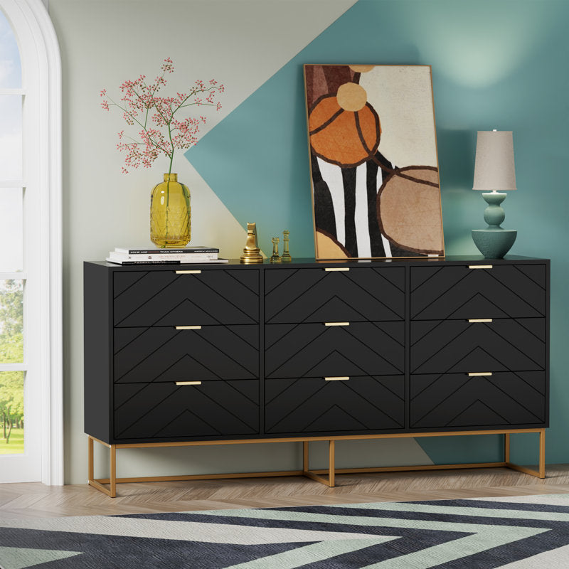 Modern 9-Drawer Dresser with Chevron Pattern and Gold Base