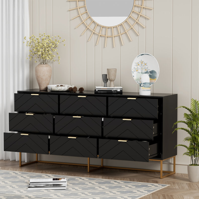 Modern 9-Drawer Dresser with Chevron Pattern and Gold Base