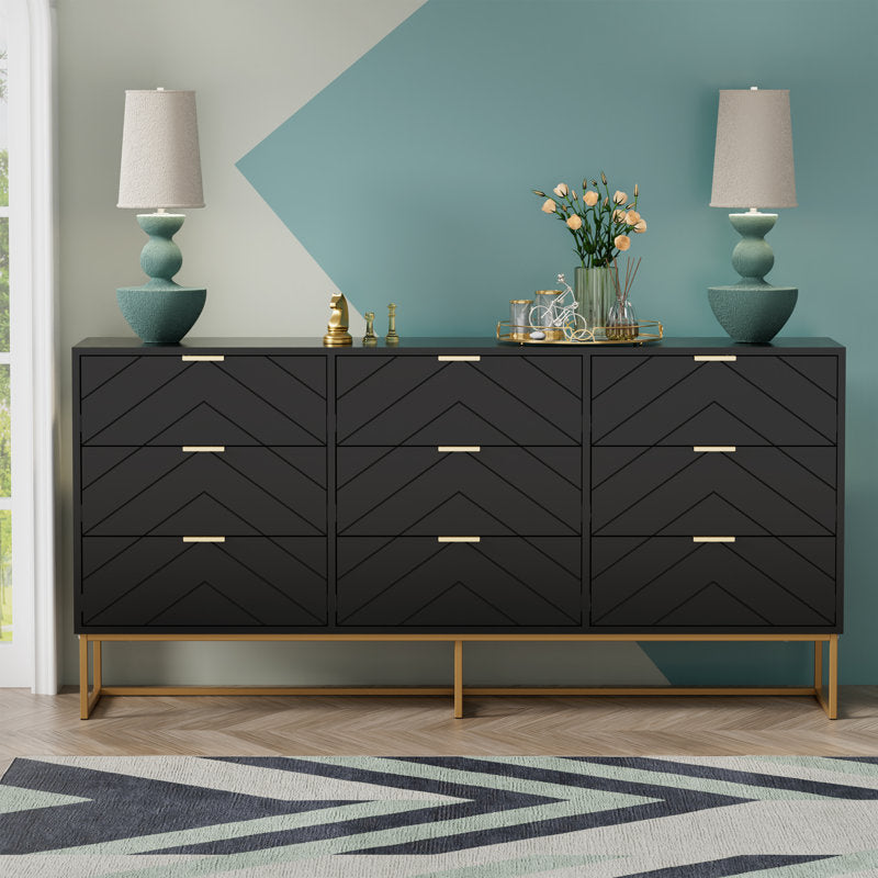 Modern 9-Drawer Dresser with Chevron Pattern and Gold Base