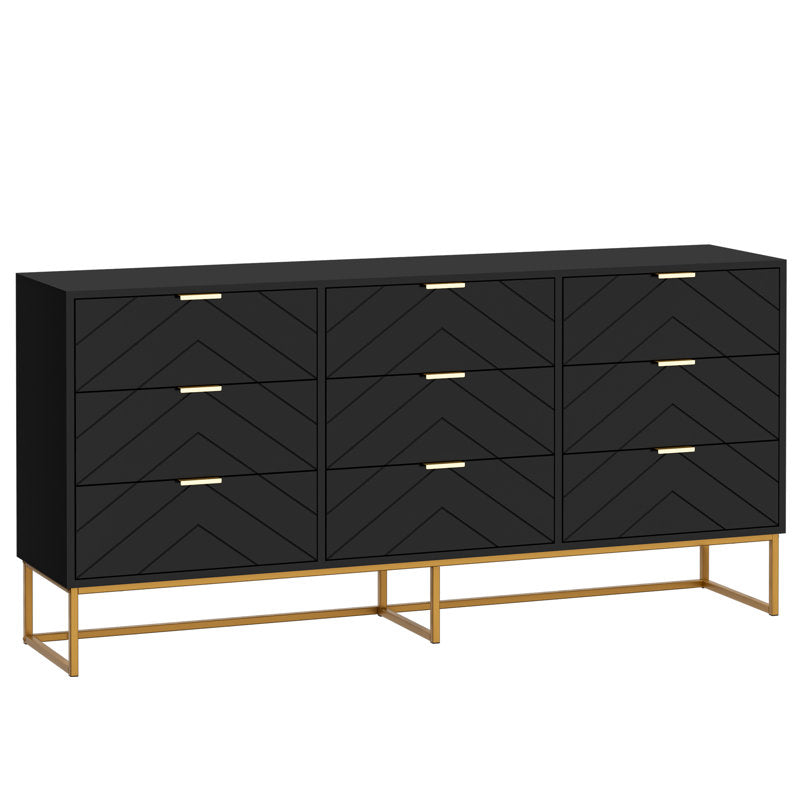 Modern 9-Drawer Dresser with Chevron Pattern and Gold Base
