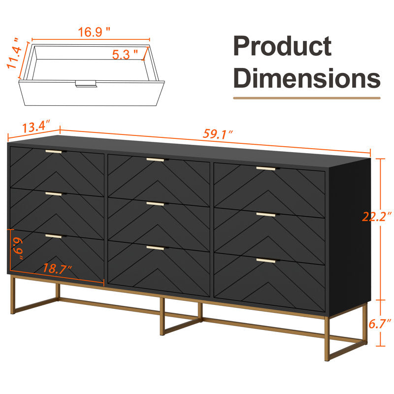 Modern 9-Drawer Dresser with Chevron Pattern and Gold Base