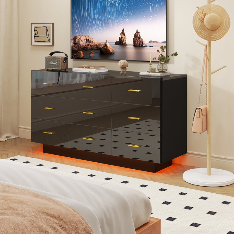 Stylish Bedroom Dresser with Ambient LED Light and Gold Accents