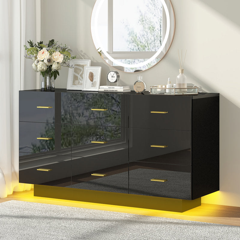 Stylish Bedroom Dresser with Ambient LED Light and Gold Accents