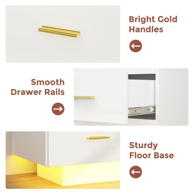 Stylish Bedroom Dresser with Ambient LED Light and Gold Accents