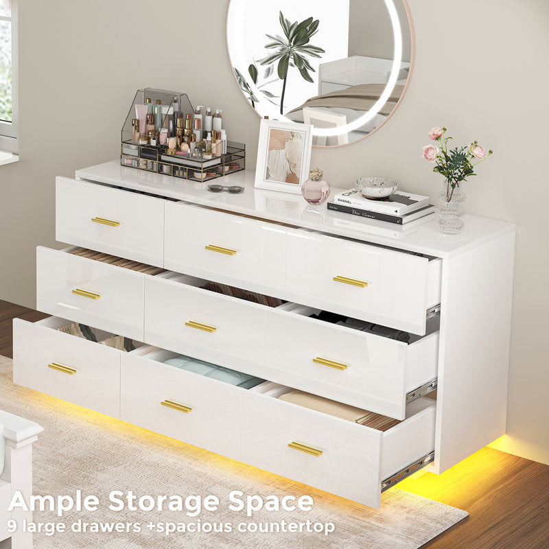 Stylish Bedroom Dresser with Ambient LED Light and Gold Accents